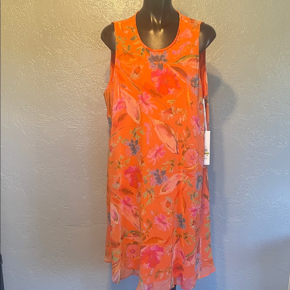 Calvin Klein Bright Orange Floral Midi Dress with Pink & Green Blooms